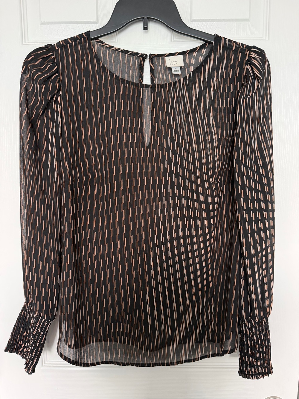 A New Day Black Tan Sheer Printed Blouse Size Large
